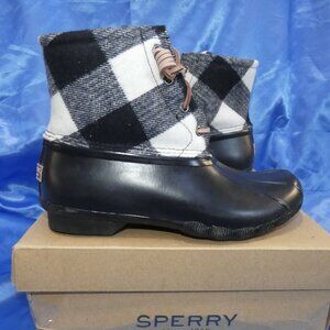 NIB Sperry Women's Saltwater Wool Rain/Duck Boot 7.5M Cozy Navy Plaid